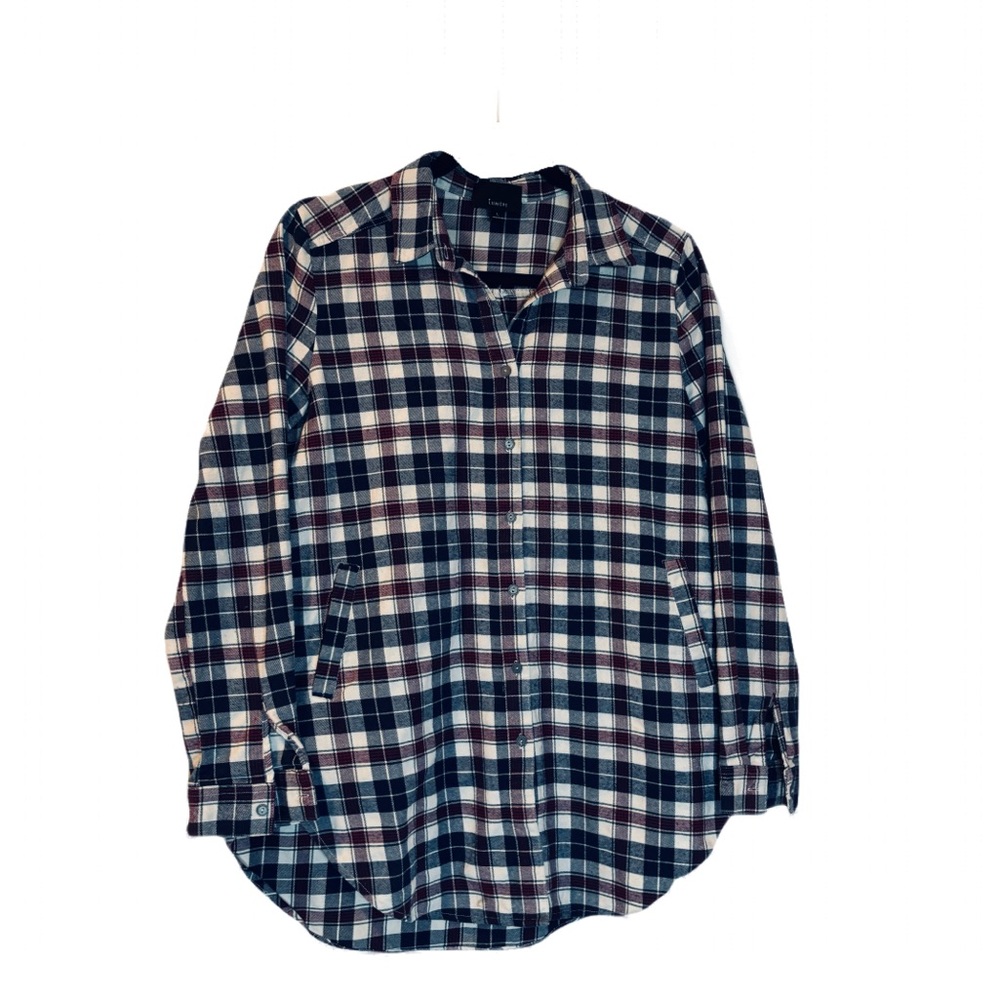 Women’s Shirt Lumiere plaid size Large burgundy, blue & white